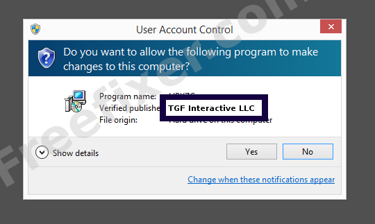 Screenshot where TGF Interactive LLC appears as the verified publisher in the UAC dialog